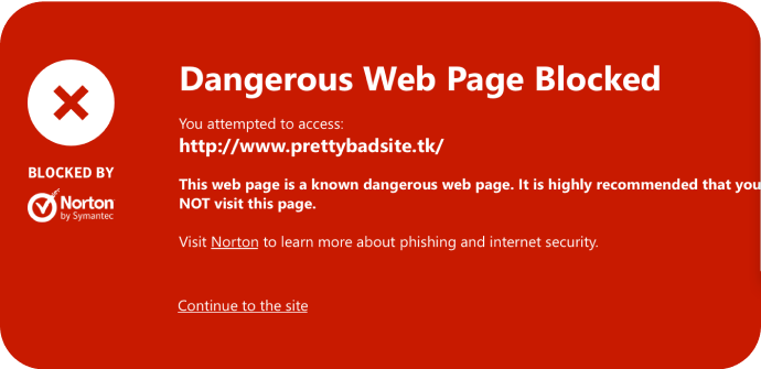 Billede: Farlig side blokeret af Safe Web.